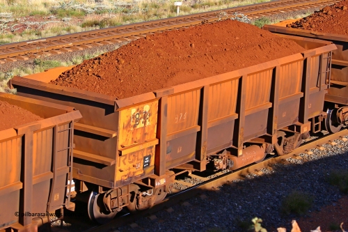 0874 210322 9772
Robe River ore waggon 874, built by Centurion Industries  WA, rotary coupler end non-handbrake side loaded view at the 17 km on the Cape Lambert line, March 22, 2021.
Keywords: 874;Centurion-Industries-WA;Robe-ore-waggon;
