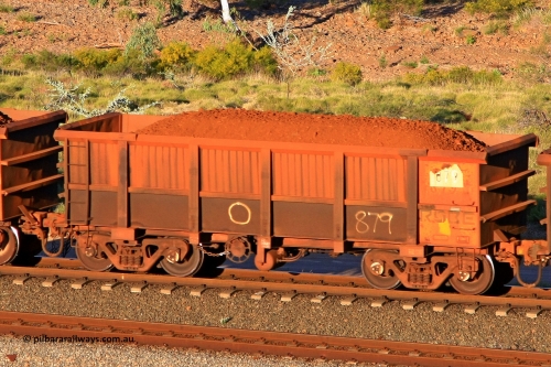 0879 110602 1715
Robe River ore waggon 879, built by Centurion Industries WA, rotary coupler end handbrake side loaded view at the 71 km, Western Creek on the Deepdale line. June 2, 2011.
Keywords: 879;Centurion-Industries-WA;Robe-ore-waggon;