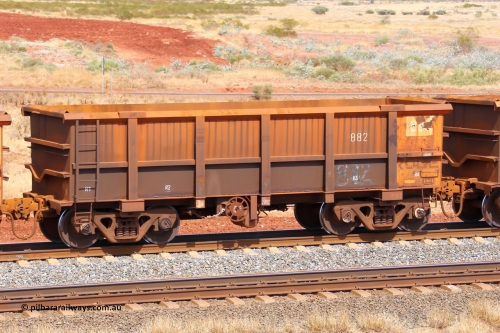 0882 141124 6824
Robe River ore waggon 882, built by Centurion Industries WA, fixed coupler handbrake side empty view at the 25 km at Arches Siding on the Cape Lambert line. November 24, 2014.
Keywords: 882;Centurion-Industries-WA;Robe-ore-waggon;
