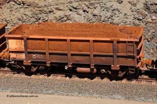 0883 160306 1636
Robe River ore waggon 883, built by Centurion Industries WA, fixed coupler non-handbrake side loaded view, at the 45 km, Harding Siding on the Cape Lambert line. March 6, 2016.
Keywords: 883;Centurion-Industries-WA;Robe-ore-waggon;