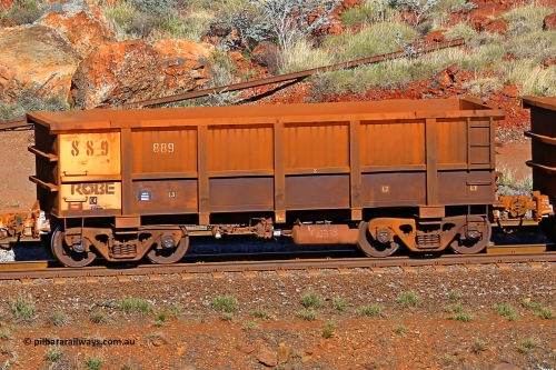 0889 180616 1737
Robe River ore waggon 889, built by Centurion Industries WA, rotary coupler end non-handbrake side empty view at the 38 km, Harding on the Cape Lambert line, June 16, 2018.
Keywords: 889;Centurion-Industries-WA;Robe-ore-waggon;