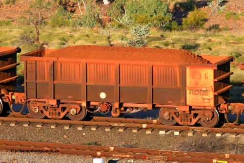0896 110602 1628
Robe River ore waggon 896, built by Centurion Industries WA, rotary coupler end handbrake side loaded view at the 71 km, Western Creek on the Deepdale line. June 2, 2011.
Keywords: 896;Centurion-Industries-WA;Robe-ore-waggon;