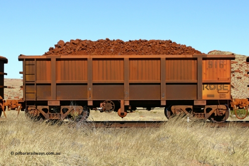 0916 060722 7527
Robe River ore waggon 916, built by Centurion Industries WA, handbrake side loaded view at the 78.8 km between Western Creek and Maitland on the Deepdale line. July 22, 2006.
Keywords: 916;Centurion-Industries-WA;Robe-ore-waggon;