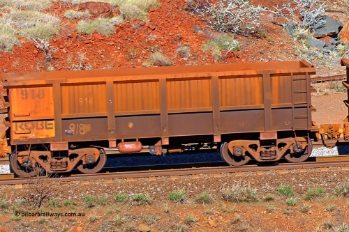 0918 180616 1716
Robe River ore waggon 918, built by Centurion Industries WA, rotary coupler end non-handbrake side empty view at the 38 km, Harding on the Cape Lambert line, June 16, 2018.
Keywords: 918;Centurion-Industries-WA;Robe-ore-waggon;