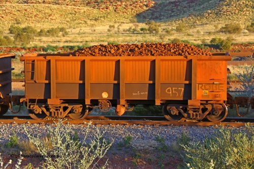 0957 170513 8730
Robe River ore waggon 957, built by Centurion Industries WA, rotary coupler end handbrake side loaded view, Cape Lambert yard, May 13, 2017.
Keywords: 957;Centurion-Industries-WA;Robe-ore-waggon;