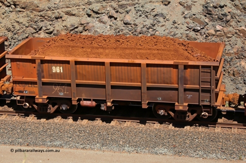 0961 160306 1612
Robe River ore waggon 961, built by Centurion Industries WA, fixed coupler non-handbrake side loaded view, at the 45 km, Harding Siding on the Cape Lambert line. March 6, 2016.
Keywords: 961;Centurion-Industries-WA;Robe-ore-waggon;