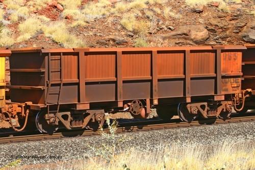 0965 060724 7915
Robe River ore waggon 965, built by Centurion Industries WA, fixed coupler handbrake side empty view at the 73 km, between Western Creek and Maitland Siding on the Deepdale line. July 24, 2006.
Keywords: 965;Centurion-Industries-WA;Robe-ore-waggon;