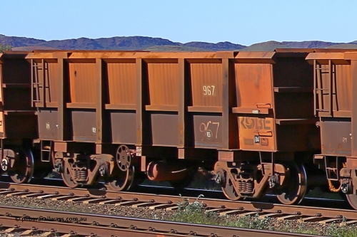 0967 160727 0972
Robe River ore waggon 967, built by Centurion Industries WA, rotary coupler end handbrake side empty view at Harding Siding on the Cape Lambert line, July 27, 2016.
Keywords: 967;Centurion-Industries-WA;Robe-ore-waggon;
