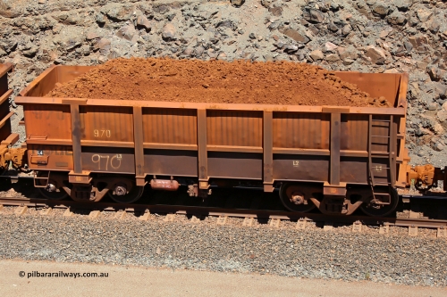 0970 160306 1598
Robe River ore waggon 970, built by Centurion Industries WA, rotary coupler end handbrake side loaded view at the 71 km, Western Creek on the Deepdale line. June 2, 2011.
Keywords: 970;Centurion-Industries-WA;Robe-ore-waggon;