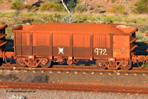 0972 110602 1659
Robe River ore waggon 972, built by Centurion Industries WA, rotary coupler end handbrake side loaded view at the 71 km, Western Creek on the Deepdale line. June 2, 2011.
Keywords: 972;Centurion-Industries-WA;Robe-ore-waggon;
