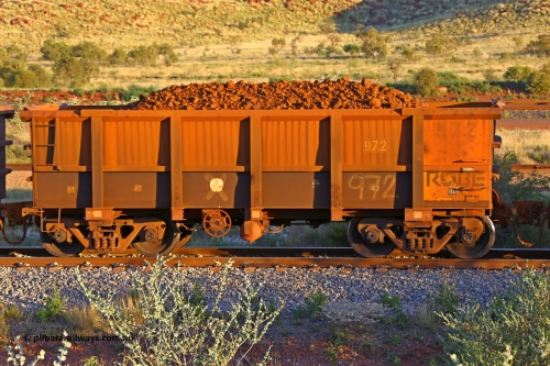 0972 170513 8749
Robe River ore waggon 972, built by Centurion Industries WA, rotary coupler end handbrake side loaded view, Cape Lambert yard, May 13, 2017.
Keywords: 972;Centurion-Industries-WA;Robe-ore-waggon;