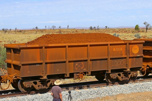 1000 170729 0271
Robe River ore waggon 1000, class leader built by Bradken Rail Qld in December 2005, fixed coupler handbrake side loaded view at the 103 km, between Maitland Siding and the Fortescue River on the Deepdale line. July 29, 2017.
Keywords: 1000;Bradken-Rail-Qld;Robe-ore-waggon;