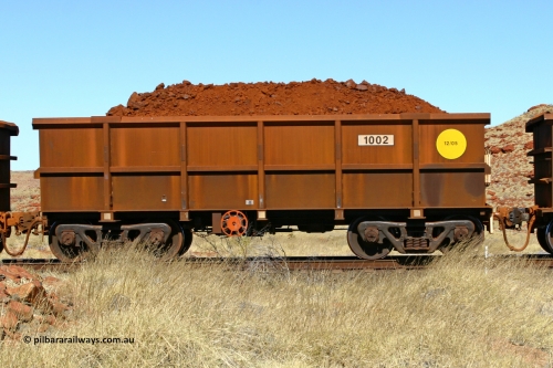 1002 060722 7487
Robe River ore waggon 1002, built by Bradken Rail Qld in December 2005, handbrake side loaded view at the 78.8 km between Western Creek and Maitland on the Deepdale line. July 22, 2006.
Keywords: 1002;Bradken-Rail-Qld;Robe-ore-waggon;