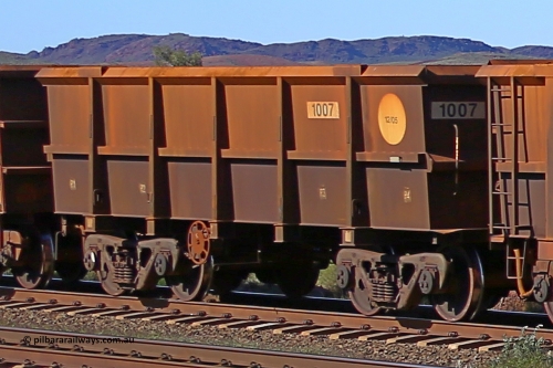 1007 160727 0958
Robe River ore waggon 1007, built by Bradken Rail Qld in December 2005, rotary coupler end handbrake side empty view at Harding Siding on the Cape Lambert line, July 27, 2016.
Keywords: 1007;Bradken-Rail-Qld;Robe-ore-waggon;