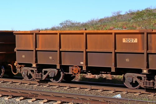 1007 160727 0959
Robe River ore waggon 1007, built by Bradken Rail Qld in December 2005, rotary coupler end handbrake side empty partial view at Harding Siding on the Cape Lambert line, July 27, 2016.
Keywords: 1007;Bradken-Rail-Qld;Robe-ore-waggon;