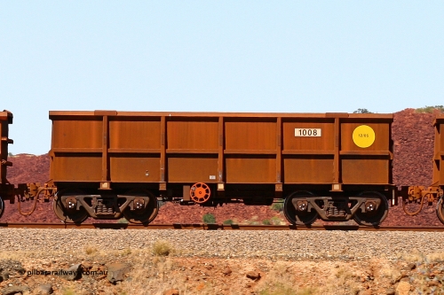 1008 060722 7436
Robe River ore waggon 1008, built by Bradken Rail Qld in December 2005, handbrake side empty view at the 45.4 km just south of Harding Siding on the Cape Lambert line. July 22, 2006.
Keywords: 1008;Bradken-Rail-Qld;Robe-ore-waggon;