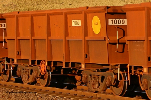 1009 060722 7599
Robe River ore waggon 1009, built by Bradken Rail Qld in December 2005, rotary coupler end handbrake side empty view, at the 11.7 km, Cape Lambert. July 22, 2006.
Keywords: 1009;Bradken-Rail-Qld;Robe-ore-waggon;
