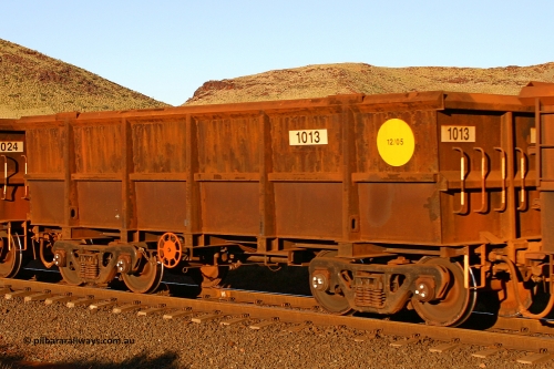 1013 060722 7627
Robe River ore waggon 1013, built by Bradken Rail Qld in December 2005, rotary coupler end handbrake side empty view, at the 11.7 km, Cape Lambert. July 22, 2006.
Keywords: 1013;Bradken-Rail-Qld;Robe-ore-waggon;