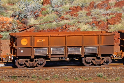 1016 180616 1697
Robe River ore waggon 1016, built by Bradken Rail Qld in December 2005, rotary coupler end non-handbrake side empty view, instrumented vehicle, at the 38 km, Harding on the Cape Lambert line, June 16, 2018.
Keywords: 1016;Bradken-Rail-Qld;Robe-ore-waggon;
