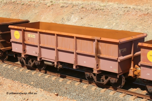 1056 160306 1310
Robe River ore waggon 1056, built by Bradken Rail Qld in April 2012, fixed coupler non-handbrake side empty view at Greenpool on the Cape Lambert line. March 6, 2016.
Keywords: 1056;Bradken-Rail-Qld;Robe-ore-waggon;
