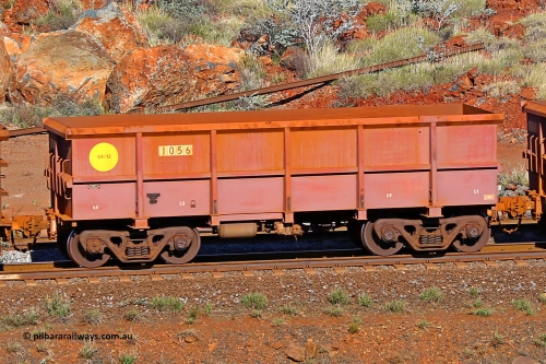 1056 180616 1708
Robe River ore waggon 1056, built by Bradken Rail Qld in April 2012, rotary coupler end non-handbrake side empty view, at the 38 km, Harding on the Cape Lambert line, June 16, 2018.
Keywords: 1056;Bradken-Rail-Qld;Robe-ore-waggon;