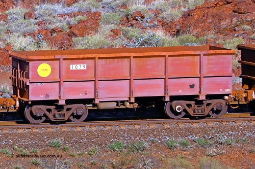 1079 180616 1706
Robe River ore waggon 1079, built by Bradken Rail Qld in May 2012, rotary coupler end non-handbrake side empty view, at the 38 km, Harding on the Cape Lambert line, June 16, 2018.
Keywords: 1079;Bradken-Rail-Qld;Robe-ore-waggon;