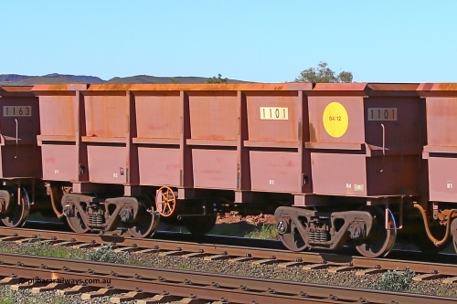 1101 160727 0956
Robe River ore waggon 1101, built by Bradken Rail Qld in April 2012, rotary coupler end handbrake side empty view at Harding Siding on the Cape Lambert line, July 27, 2016.
Keywords: 1101;Bradken-Rail-Qld;Robe-ore-waggon;
