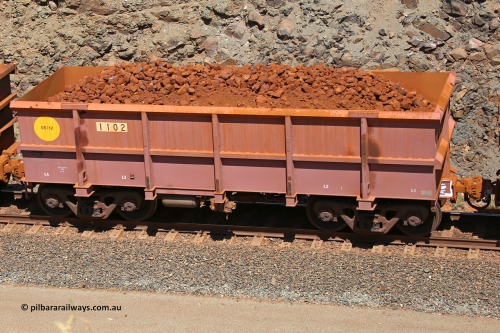 1102 160306 1671
Robe River ore waggon 1102, built by Bradken Rail Qld in May 2012, fixed coupler non-handbrake side loaded view, at the 45 km, Harding Siding on the Cape Lambert line. March 6, 2016.
Keywords: 1102;Bradken-Rail-Qld;Robe-ore-waggon;