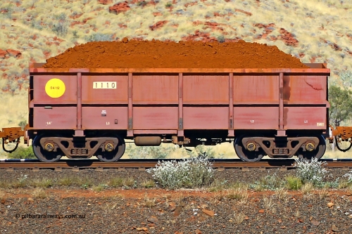 1110 170728 09919
Robe River ore waggon 1110, built by Bradken Rail Qld in April 2012, non-handbrake side loaded view at the 72 km, Western Creek on the Deepdale line. July 28, 2017.
Keywords: 1110;Bradken-Rail-Qld;Robe-ore-waggon;