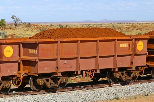 1110 170729 0261
Robe River ore waggon 1110, built by Bradken Rail Qld in April 2012, fixed coupler handbrake side loaded view at the 103 km, between Maitland Siding and the Fortescue River on the Deepdale line. July 29, 2017.
Keywords: 1110;Bradken-Rail-Qld;Robe-ore-waggon;