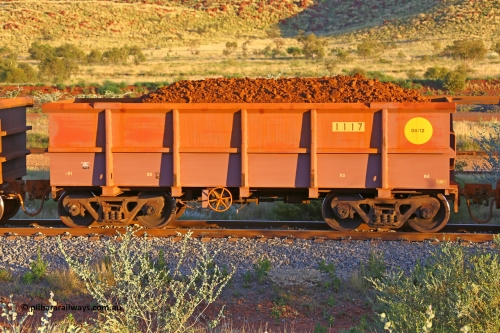 1117 170513 8743
Robe River ore waggon 1117, built by Bradken Rail Qld in April 2012, rotary coupler end handbrake side loaded view, Cape Lambert yard, May 13, 2017.
Keywords: 1117;Bradken-Rail-Qld;Robe-ore-waggon;
