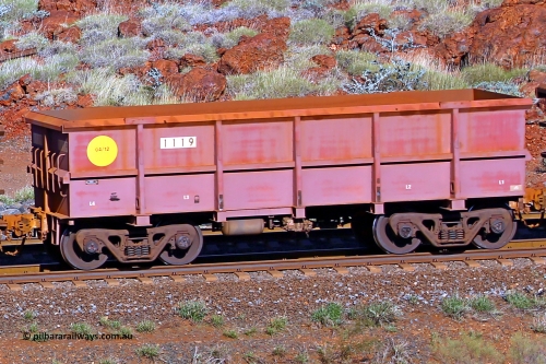 1119 180616 1720
Robe River ore waggon 1119, built by Bradken Rail Qld in April 2012, rotary coupler end non-handbrake side empty view, at the 38 km, Harding on the Cape Lambert line, June 16, 2018.
Keywords: 1119;Bradken-Rail-Qld;Robe-ore-waggon;