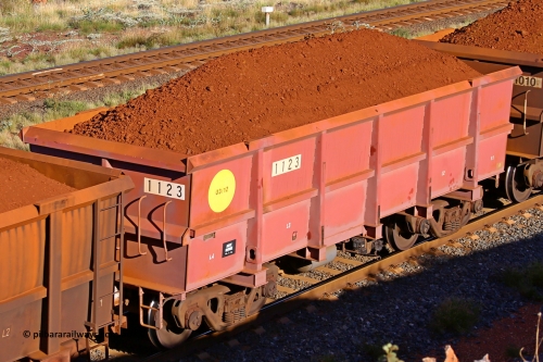 1123 210322 9705
Robe River ore waggon 1123, built by Bradken Rail Qld in March 2012, rotary coupler end non-handbrake side loaded view, at the 17 km on the Cape Lambert line, March 22, 2021.
Keywords: 1123;Bradken-Rail-Qld;Robe-ore-waggon;