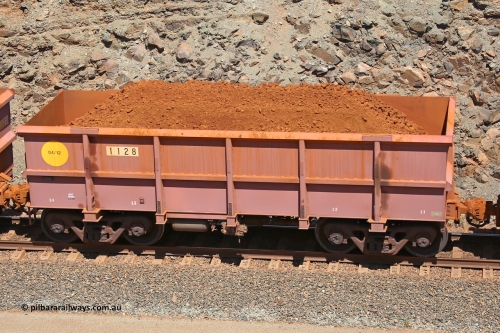 1128 160306 1564
Robe River ore waggon 1128, built by Bradken Rail Qld in March 2012, fixed coupler non-handbrake side loaded view, at the 45 km, Harding Siding on the Cape Lambert line. March 6, 2016.
Keywords: 1128;Bradken-Rail-Qld;Robe-ore-waggon;