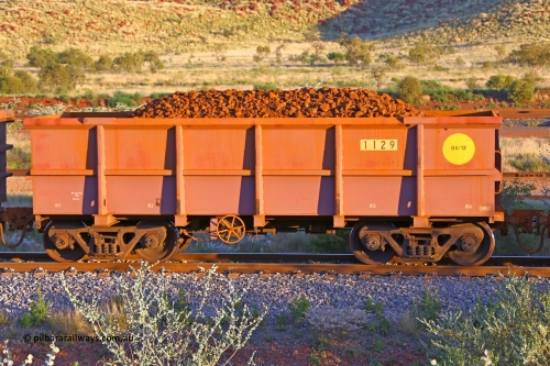 1129 170513 8751
Robe River ore waggon 1129, built by Bradken Rail Qld in April 2012, handbrake side loaded view, Cape Lambert yard, May 13, 2017.
Keywords: 1129;Bradken-Rail-Qld;Robe-ore-waggon;