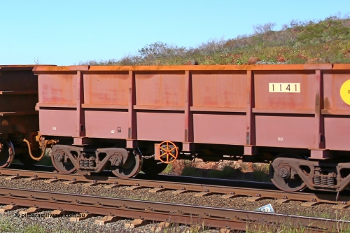 1141 160727 0958
Robe River ore waggon 1141, built by Bradken Rail Qld in April 2012, rotary coupler end handbrake side empty partial view at Harding Siding on the Cape Lambert line, July 27, 2016.
Keywords: 1141;Bradken-Rail-Qld;Robe-ore-waggon;