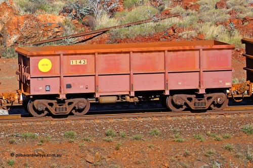1143 180616 1736
Robe River ore waggon 1143, built by Bradken Rail Qld in May 2012, rotary coupler end non-handbrake side empty view, at the 38 km, Harding on the Cape Lambert line, June 16, 2018.
Keywords: 1143;Bradken-Rail-Qld;Robe-ore-waggon;