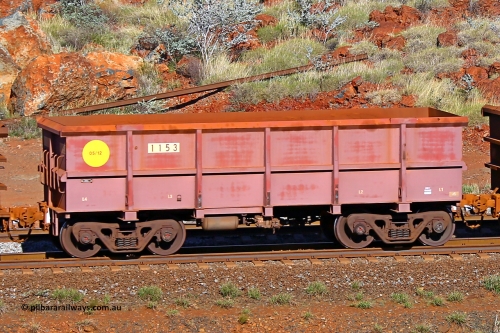 1153 180616 1695
Robe River ore waggon 1153, built by Bradken Rail Qld in May 2012, rotary coupler end non-handbrake side empty view, at the 38 km, Harding on the Cape Lambert line, June 16, 2018.
Keywords: 1153;Bradken-Rail-Qld;Robe-ore-waggon;