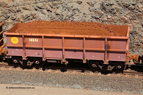1157 160306 1613
Robe River ore waggon 1157, built by Bradken Rail Qld in April 2012, fixed coupler non-handbrake side loaded view, at the 45 km, Harding Siding on the Cape Lambert line. March 6, 2016.
Keywords: 1157;Bradken-Rail-Qld;Robe-ore-waggon;