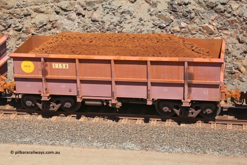 1158 160306 1594
Robe River ore waggon 1158, built by Bradken Rail Qld in May 2012, fixed coupler non-handbrake side loaded view, at the 45 km, Harding Siding on the Cape Lambert line. March 6, 2016.
Keywords: 1158;Bradken-Rail-Qld;Robe-ore-waggon;