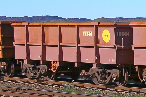 1163 160727 0956
Robe River ore waggon 1163, built by Bradken Rail Qld in April 2012, rotary coupler end handbrake side empty view at Harding Siding on the Cape Lambert line, July 27, 2016.
Keywords: 1163;Bradken-Rail-Qld;Robe-ore-waggon;