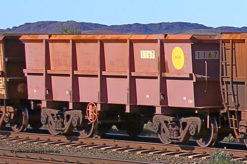 1167 160727 0961
Robe River ore waggon 1167, built by Bradken Rail Qld in April 2012, rotary coupler end handbrake side empty view at Harding Siding on the Cape Lambert line, July 27, 2016.
Keywords: 1167;Bradken-Rail-Qld;Robe-ore-waggon;