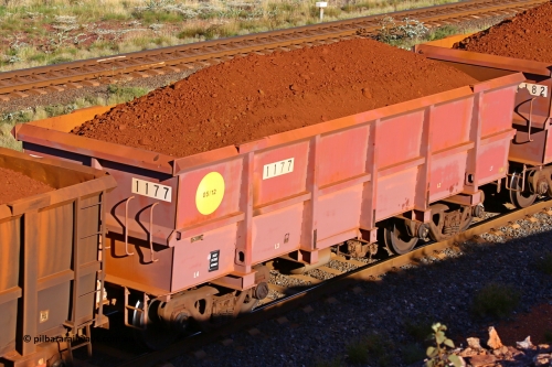 1177 210322 9761
Robe River ore waggon 1177, built by Bradken Rail Qld in May 2012, rotary coupler end non-handbrake side loaded view, at the 17 km on the Cape Lambert line, March 22, 2021
Keywords: 1177;Bradken-Rail-Qld;Robe-ore-waggon;