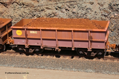 1179 160306 1642
Robe River ore waggon 1179, built by Bradken Rail Qld in March 2012, fixed coupler non-handbrake side loaded view, at the 45 km, Harding Siding on the Cape Lambert line. March 6, 2016.
Keywords: 1179;Bradken-Rail-Qld;Robe-ore-waggon;
