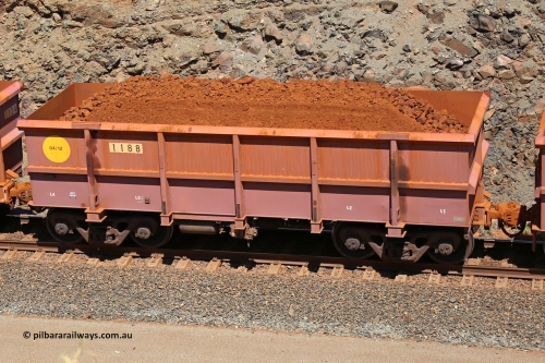 1188 160306 1617
Robe River ore waggon 1188, built by Bradken Rail Qld in April 2012, fixed coupler non-handbrake side loaded view, at the 45 km, Harding Siding on the Cape Lambert line. March 6, 2016.
Keywords: 1188;Bradken-Rail-Qld;Robe-ore-waggon;