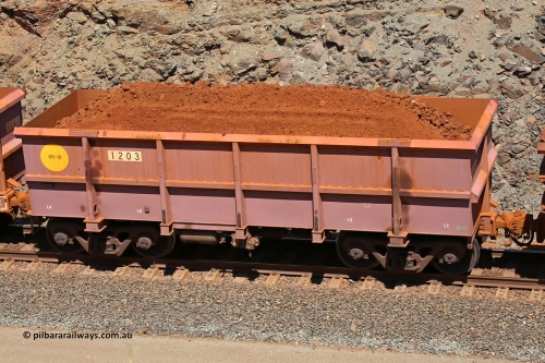 1203 160306 1624
Robe River ore waggon 1203, built by Bradken Rail Qld in May 2012, fixed coupler non-handbrake side loaded view, at the 45 km, Harding Siding on the Cape Lambert line. March 6, 2016.
Keywords: 1203;Bradken-Rail-Qld;Robe-ore-waggon;