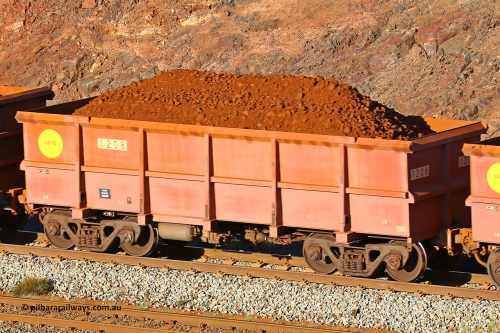 1208 180616 1641
Robe River ore waggon 1208, built by Bradken Rail Qld in May 2012, fixed coupler non-handbrake side loaded view at the 38.5 km, Harding on the Cape Lambert line, June 16, 2018.
Keywords: 1208;Bradken-Rail-Qld;Robe-ore-waggon;