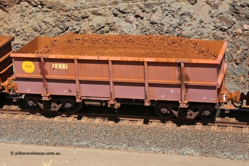 1211 160306 1644
Robe River ore waggon 1211, built by Bradken Rail Qld in May 2012, fixed coupler non-handbrake side loaded view, at the 45 km, Harding Siding on the Cape Lambert line. March 6, 2016.
Keywords: 1211;Bradken-Rail-Qld;Robe-ore-waggon;