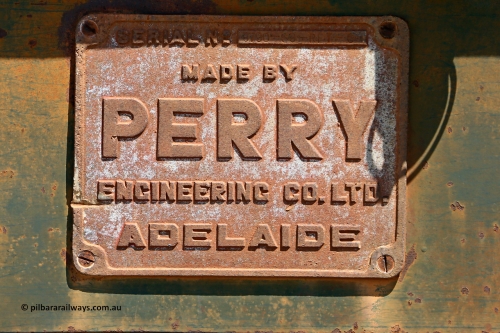 F12 160306 1377
Robe River flat waggon F 12 builders plate, built by Perry Engineering SA. Greenpool March 6, 2016.
Keywords: F12;Perry-Engineering-SA;Robe-flat-waggon;