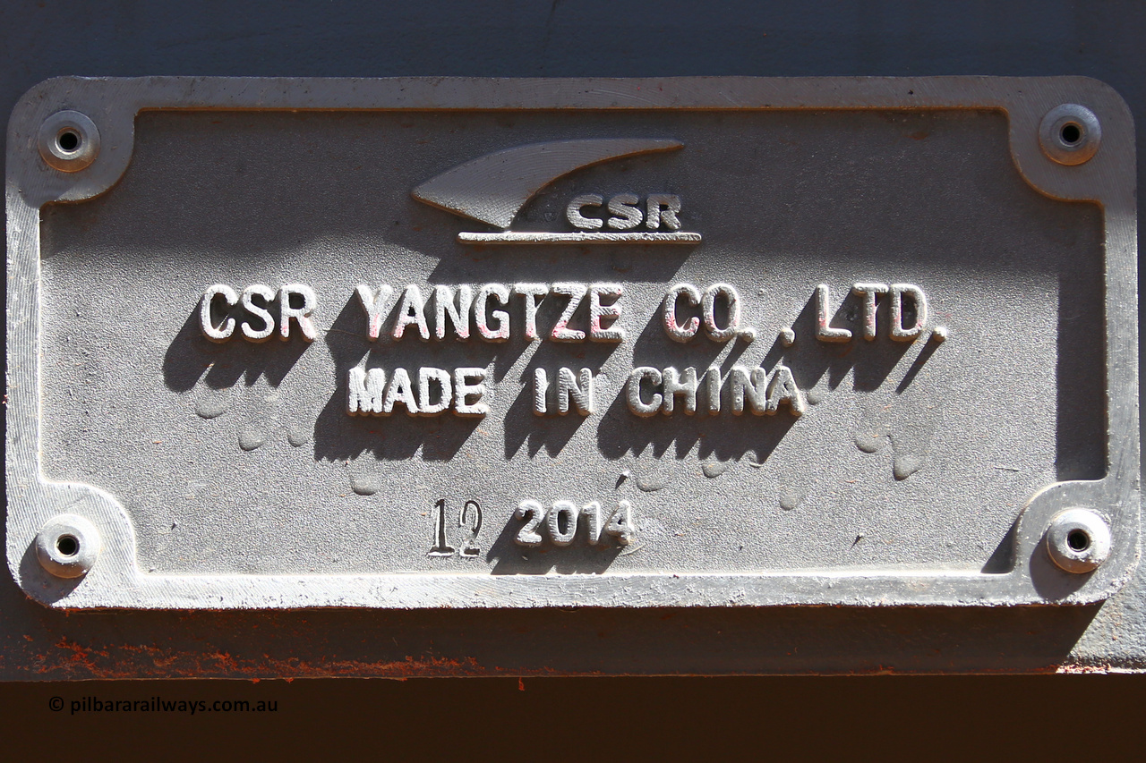 150314 7783
Wedgefield, following the delivery of Roy Hill's 1196 new GA type CCK138 model waggons, they were stored in several site whilst awaiting for enough track to be laid to allow delivery onto rail. GA2079 builders plate shows CSR Yangtze, stamped for 12/2014. March 14. 2015.
Keywords: GA-type;GA2079;CSR-Yangtze;CCK138